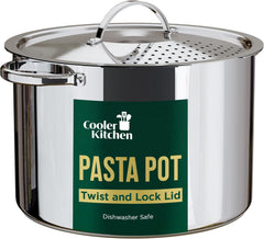 Stainless Steel Pasta Pot with Locking Strainer Lid - 5.5 Quart Large Capacity | Twist & Lock for Easy Drain & No Colander