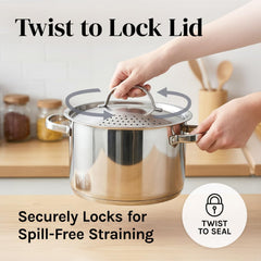 Stainless Steel Pasta Pot with Locking Strainer Lid - 5.5 Quart Large Capacity | Twist & Lock for Easy Drain & No Colander