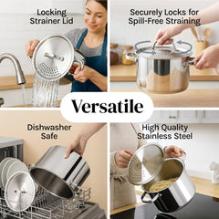 Stainless Steel Pasta Pot with Locking Strainer Lid - 5.5 Quart Large Capacity | Twist & Lock for Easy Drain & No Colander
