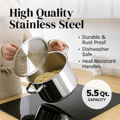 Stainless Steel Pasta Pot with Locking Strainer Lid - 5.5 Quart Large Capacity | Twist & Lock for Easy Drain & No Colander