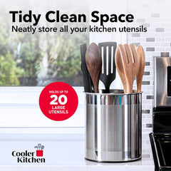 Extra Large Rotating Utensil Holder Caddy with Sturdy No-Tip Weighted Base, Removable Divider, and Gripped Insert: Metal | Rust Proof