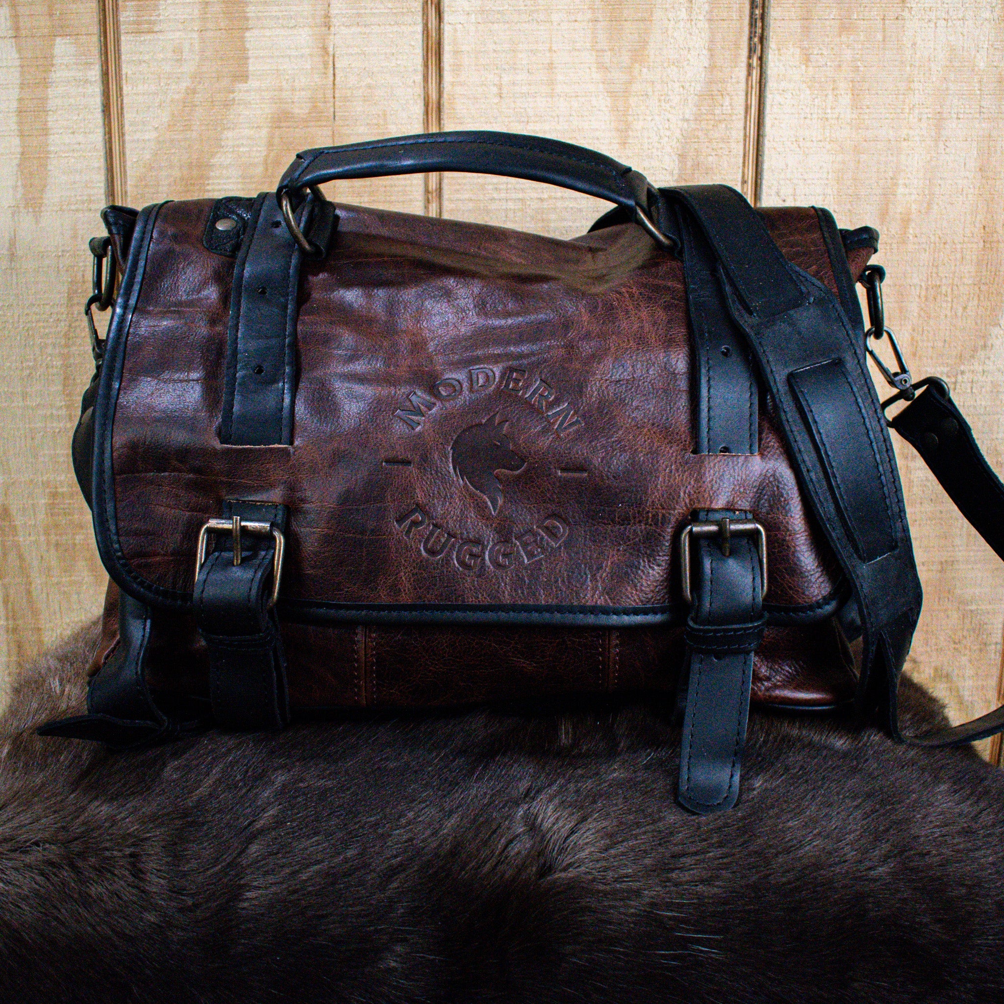 Leather Hide Laptop Bag - Rustic Merlot and Black (Buckles)
